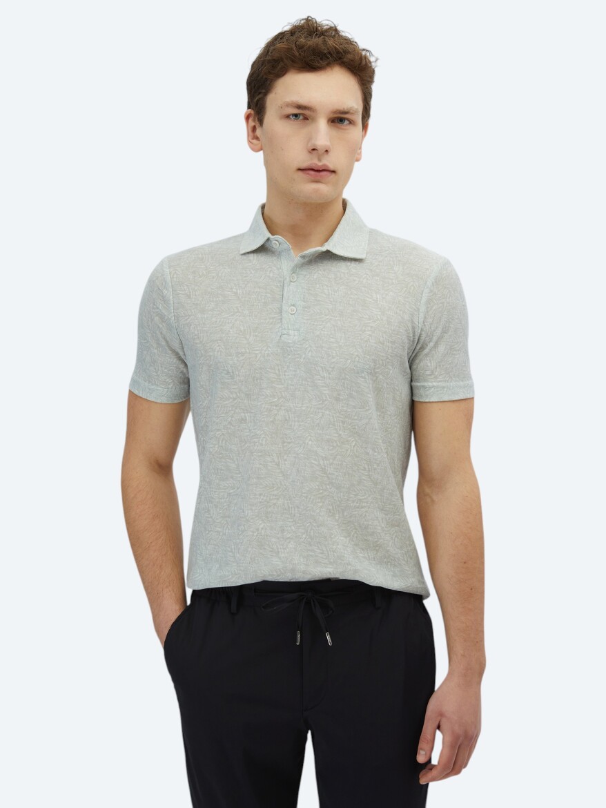 Açık Haki Baskılı Polo Yaka Pamuk Karışımlı T-Shirt - 1