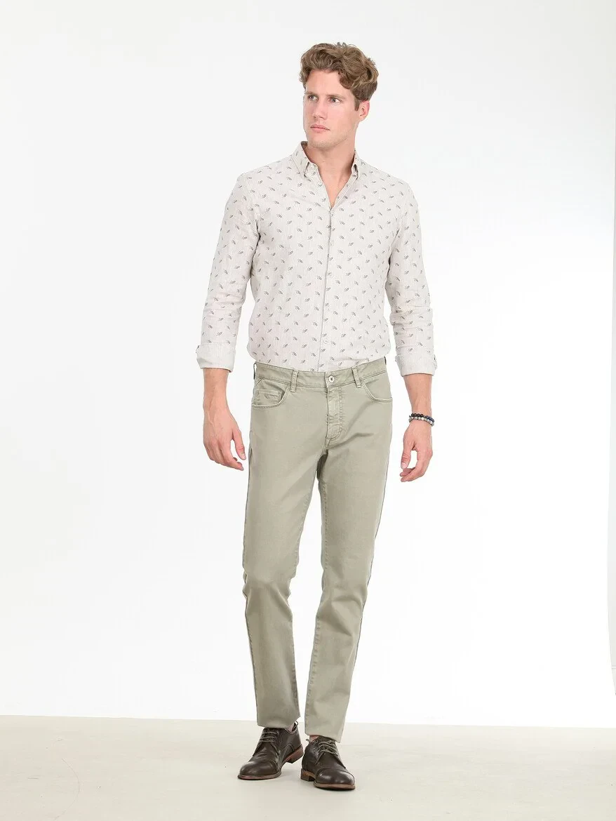 Açık Haki Düz Dokuma Regular Fit Casual Pamuk Karışımlı Pantolon - 3