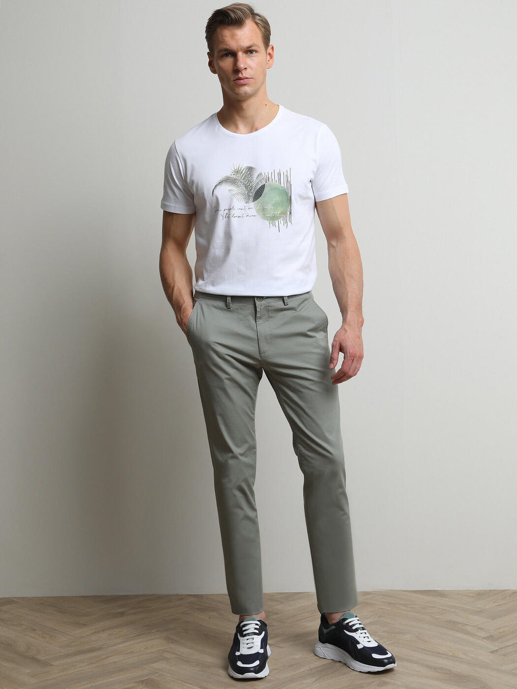 Açık Haki Düz Dokuma Regular Fit Casual Pamuk Karışımlı Pantolon - 1