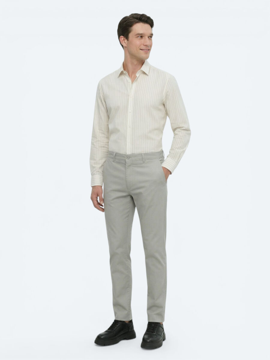 Açık Haki Düz Dokuma Slim Fit Casual Pamuk Karışımlı Pantolon - 1