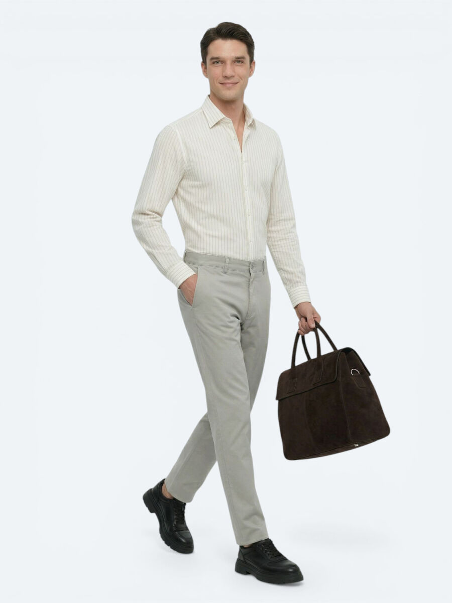 Açık Haki Düz Dokuma Slim Fit Casual Pamuk Karışımlı Pantolon - 4