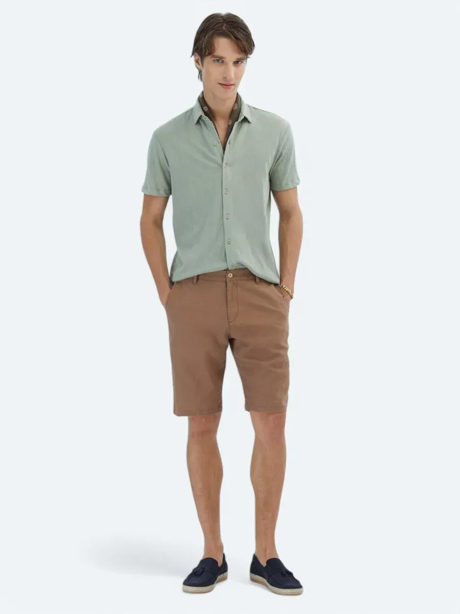 Açık Haki Düz Regular Fit Casual Pamuk Karışımlı Gömlek - 2