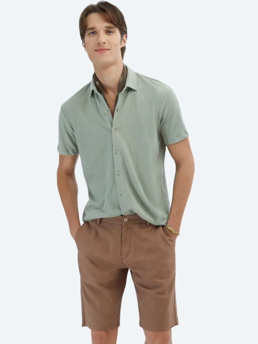 Açık Haki Düz Regular Fit Casual Pamuk Karışımlı Gömlek - 3