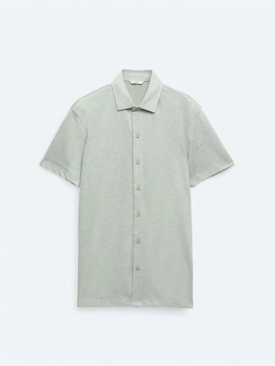 Açık Haki Düz Regular Fit Casual Pamuk Karışımlı Gömlek - 6
