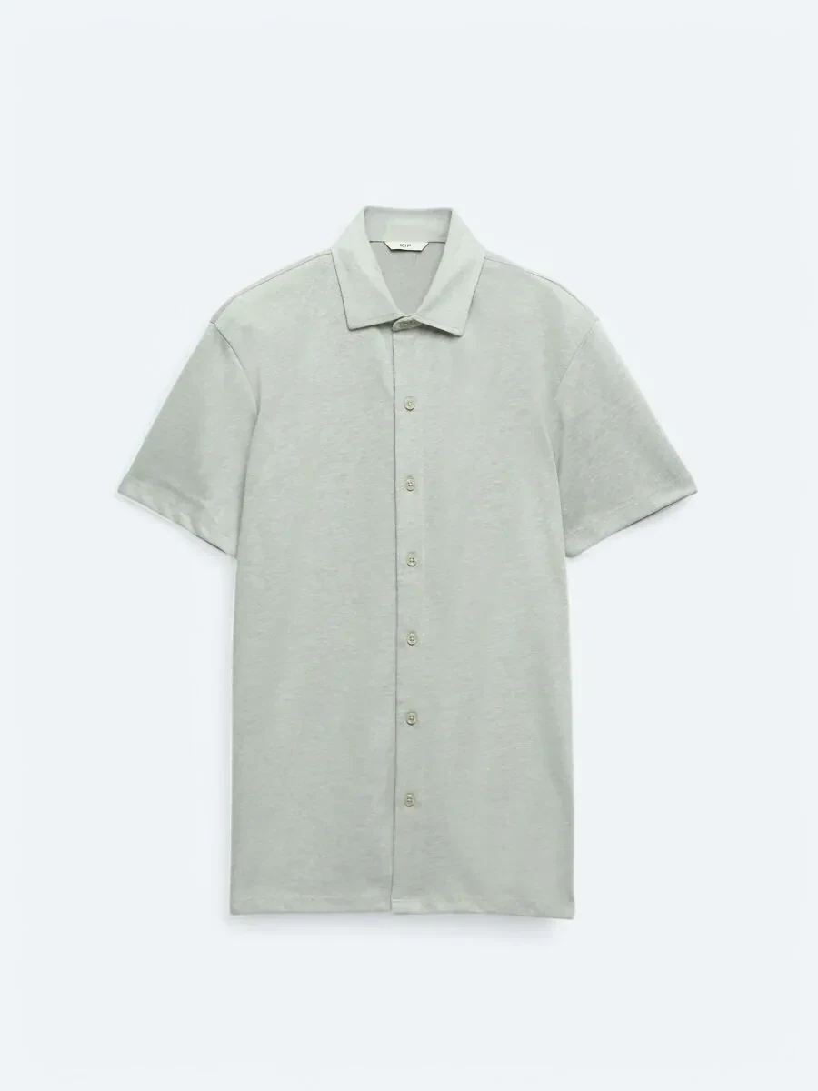 Açık Haki Düz Regular Fit Casual Pamuk Karışımlı Gömlek - 6