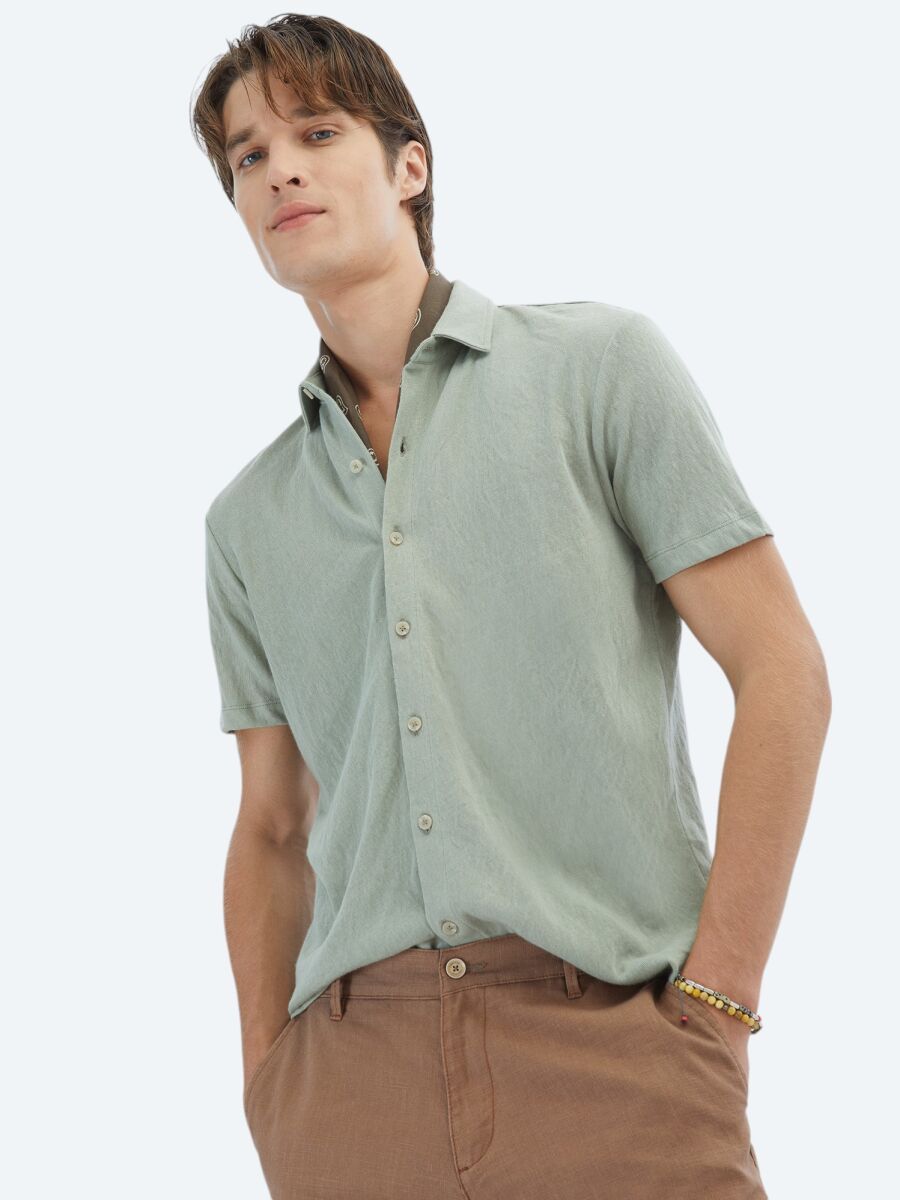 Açık Haki Düz Regular Fit Casual Pamuk Karışımlı Gömlek - 1