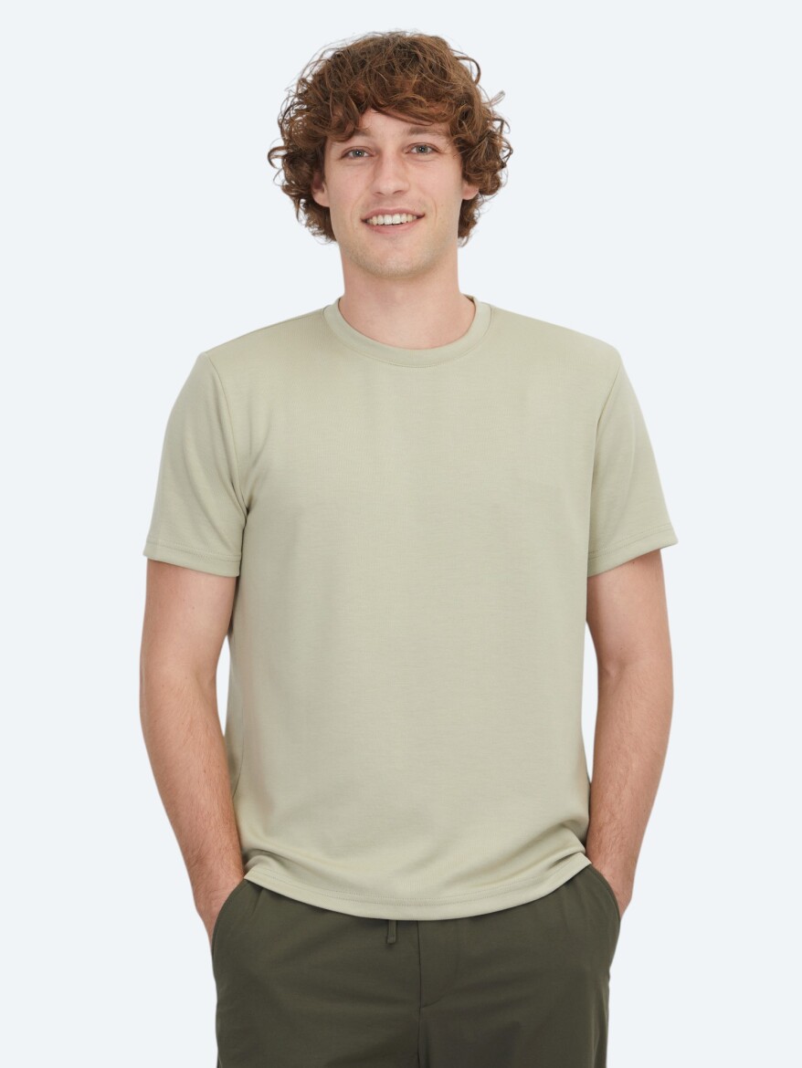 Açık Haki Düz Bisiklet Yaka T-Shirt 