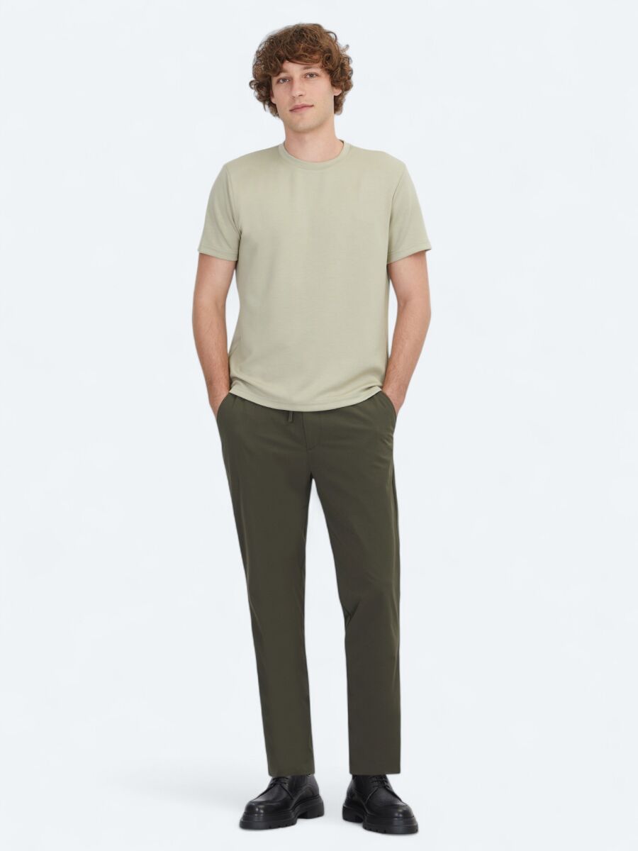 Açık Haki Düz Bisiklet Yaka T-Shirt - 2
