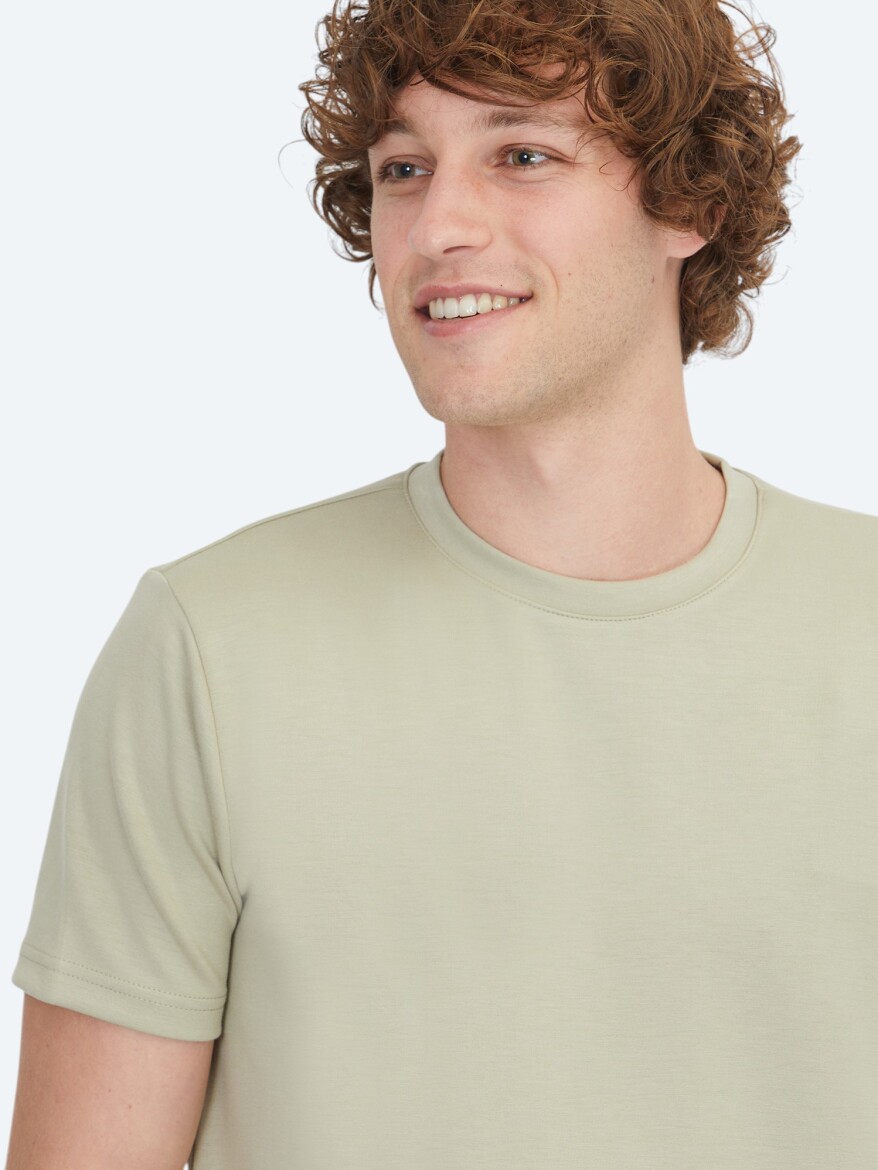 Açık Haki Düz Bisiklet Yaka T-Shirt - 3