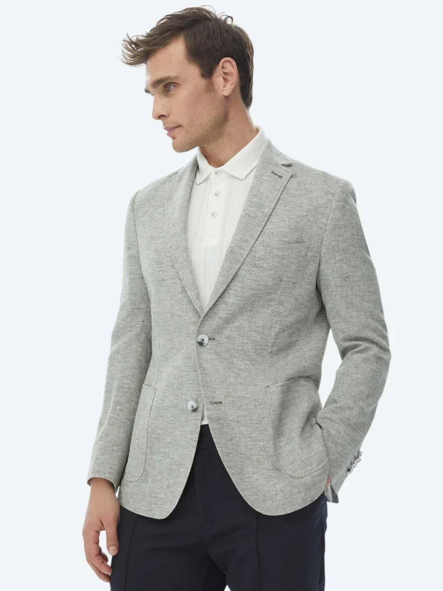 Açık Haki Mikro Fitted Fit Keten Karışımlı Ceket - 5