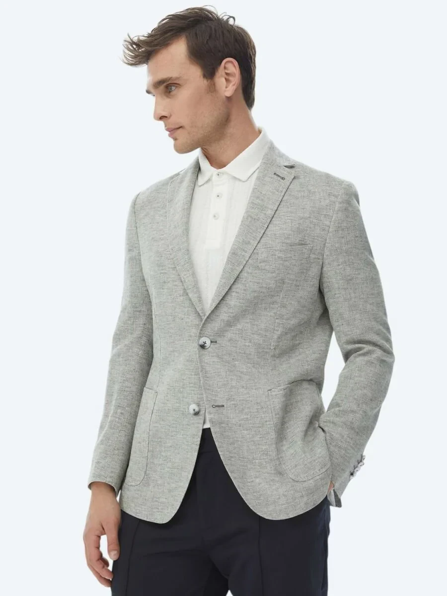 Açık Haki Mikro Fitted Fit Keten Karışımlı Ceket - 5