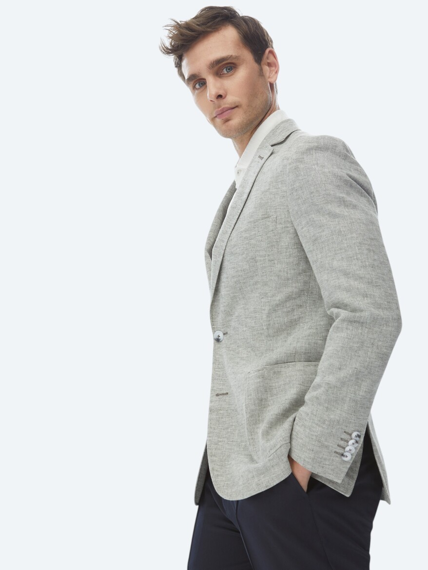 Açık Haki Mikro Fitted Fit Keten Karışımlı Ceket - 3