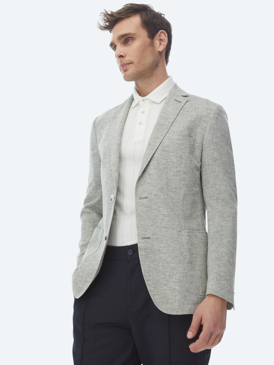 Açık Haki Mikro Fitted Fit Keten Karışımlı Ceket - 6