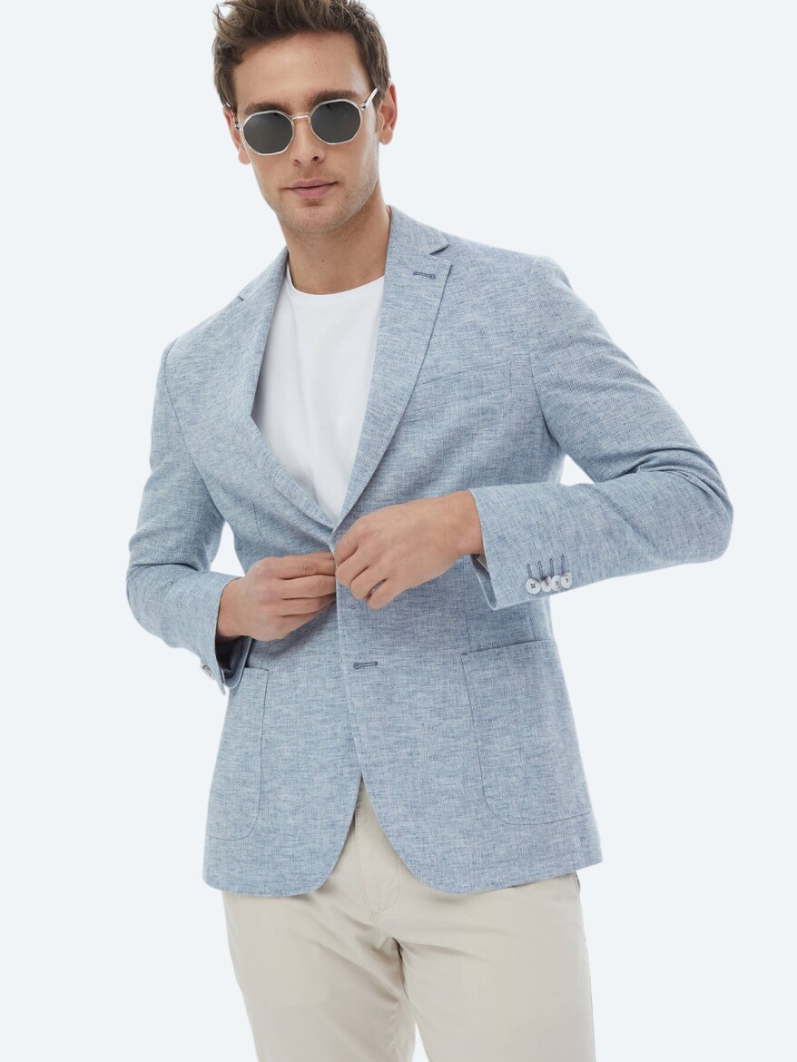 Açık Haki Mikro Fitted Fit Keten Karışımlı Ceket - 8