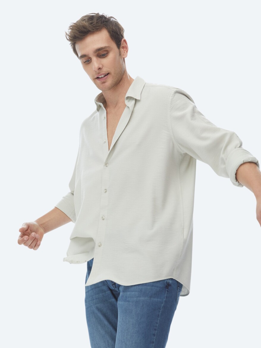 Açık Haki Regular Fit Uzun Dokuma Casual Gömlek - 2