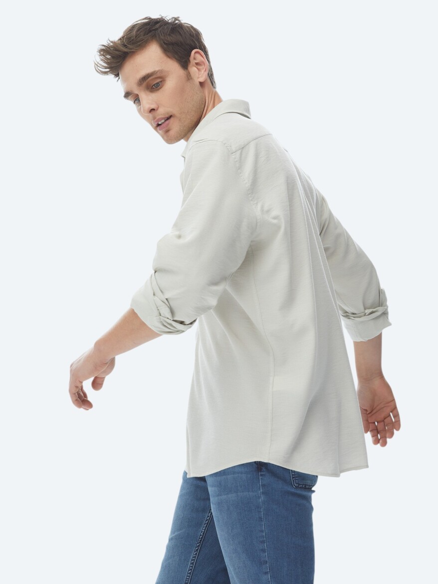 Açık Haki Regular Fit Uzun Dokuma Casual Gömlek - 5