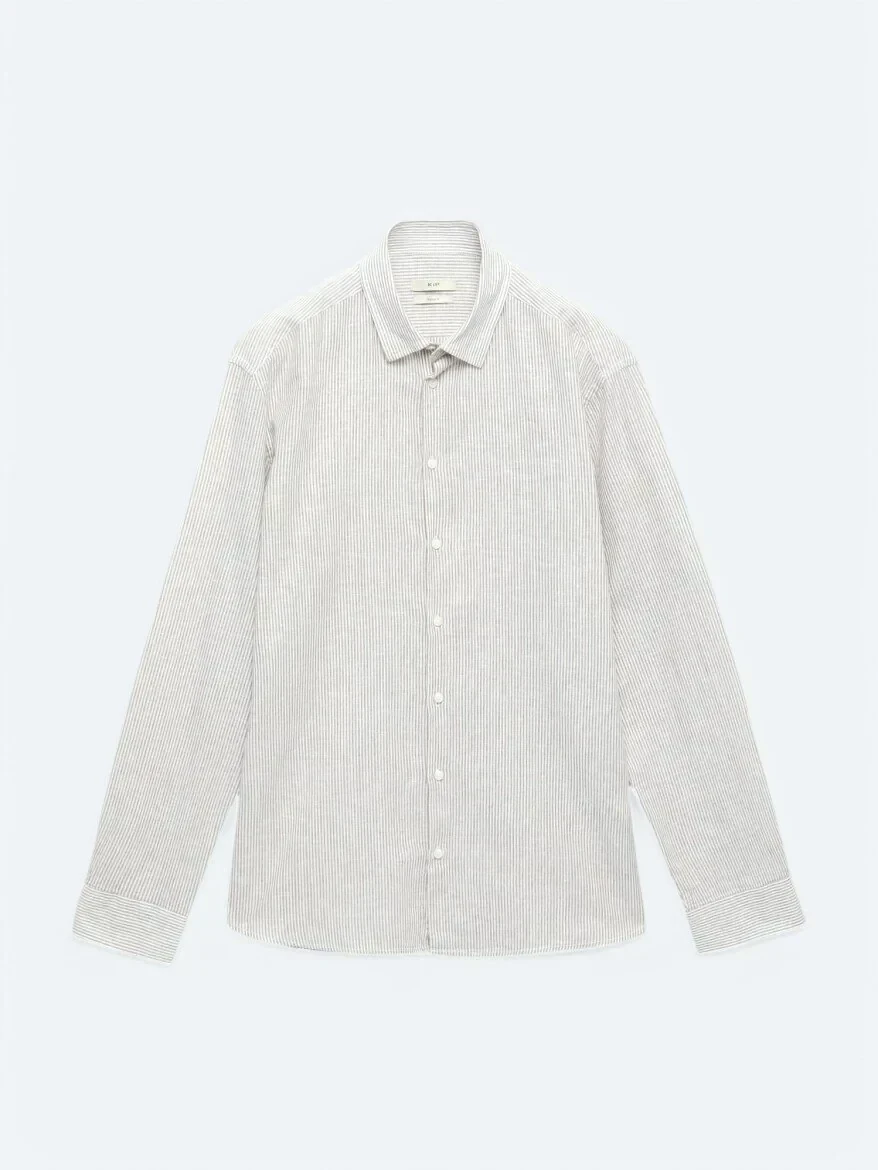 Açık Kahve Çizgili Regular Fit Dokuma Casual Pamuk Karışımlı Gömlek 
