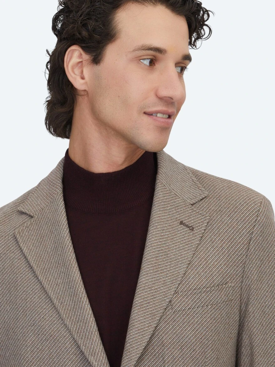 Açık Kahve Desenli Modern Fit Yün Karışımlı Ceket - KİP