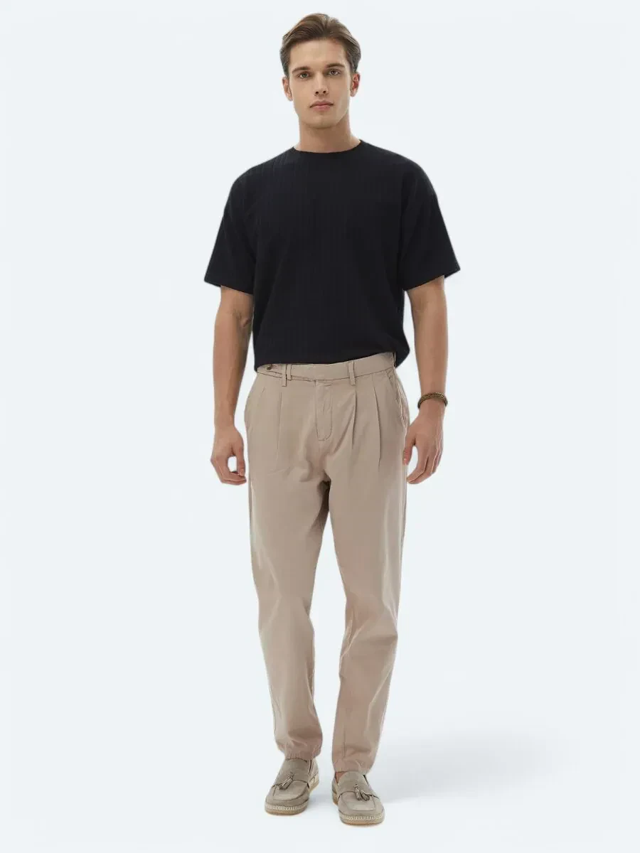 Açık Kahve Dokuma Carrot Fit Smart Casual %100 Pamuk Pantolon - 1