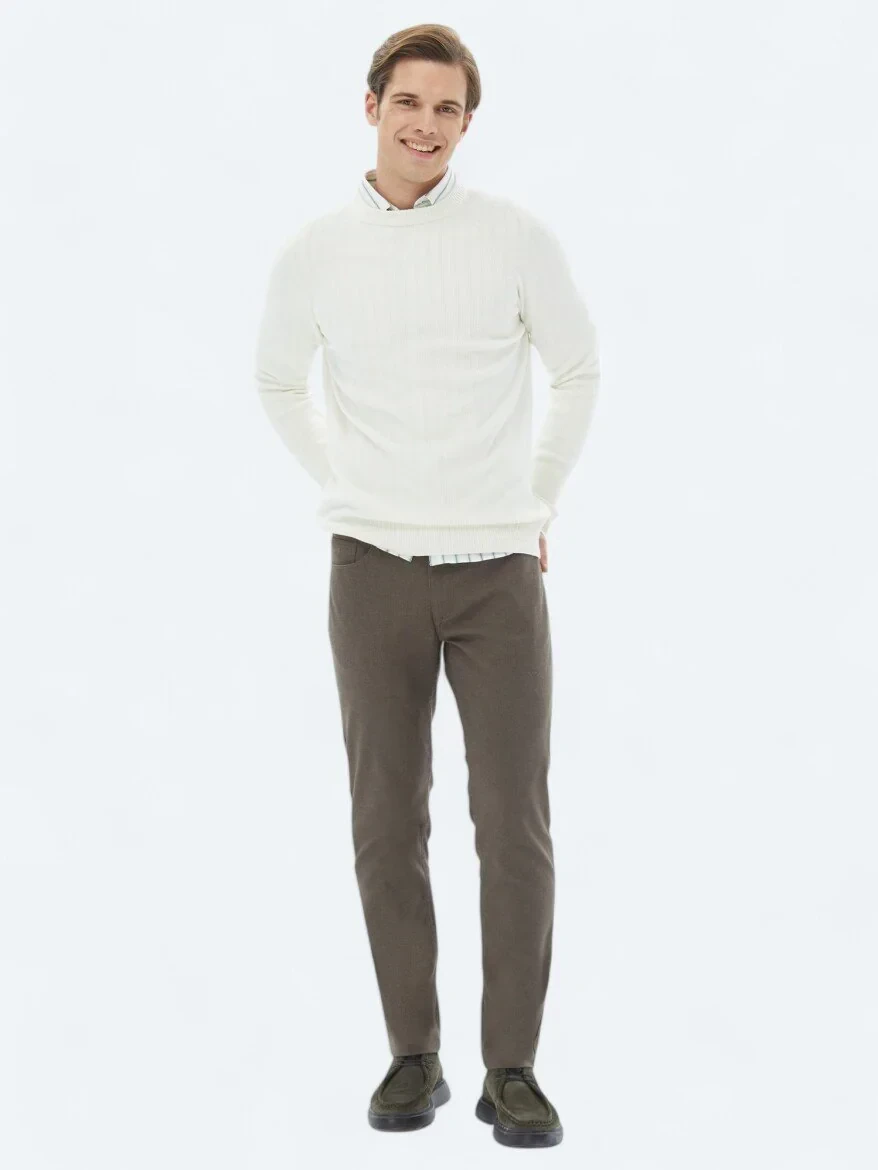 Açık Kahve Dokuma Slim Fit Casual Pamuk Karışımlı Pantolon - 1