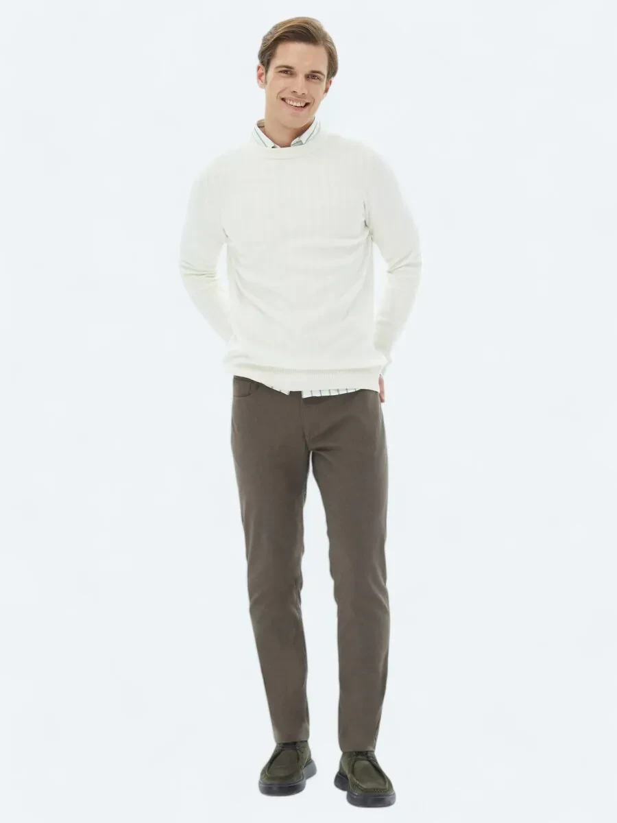 Açık Kahve Dokuma Slim Fit Casual Pamuk Karışımlı Pantolon - 1