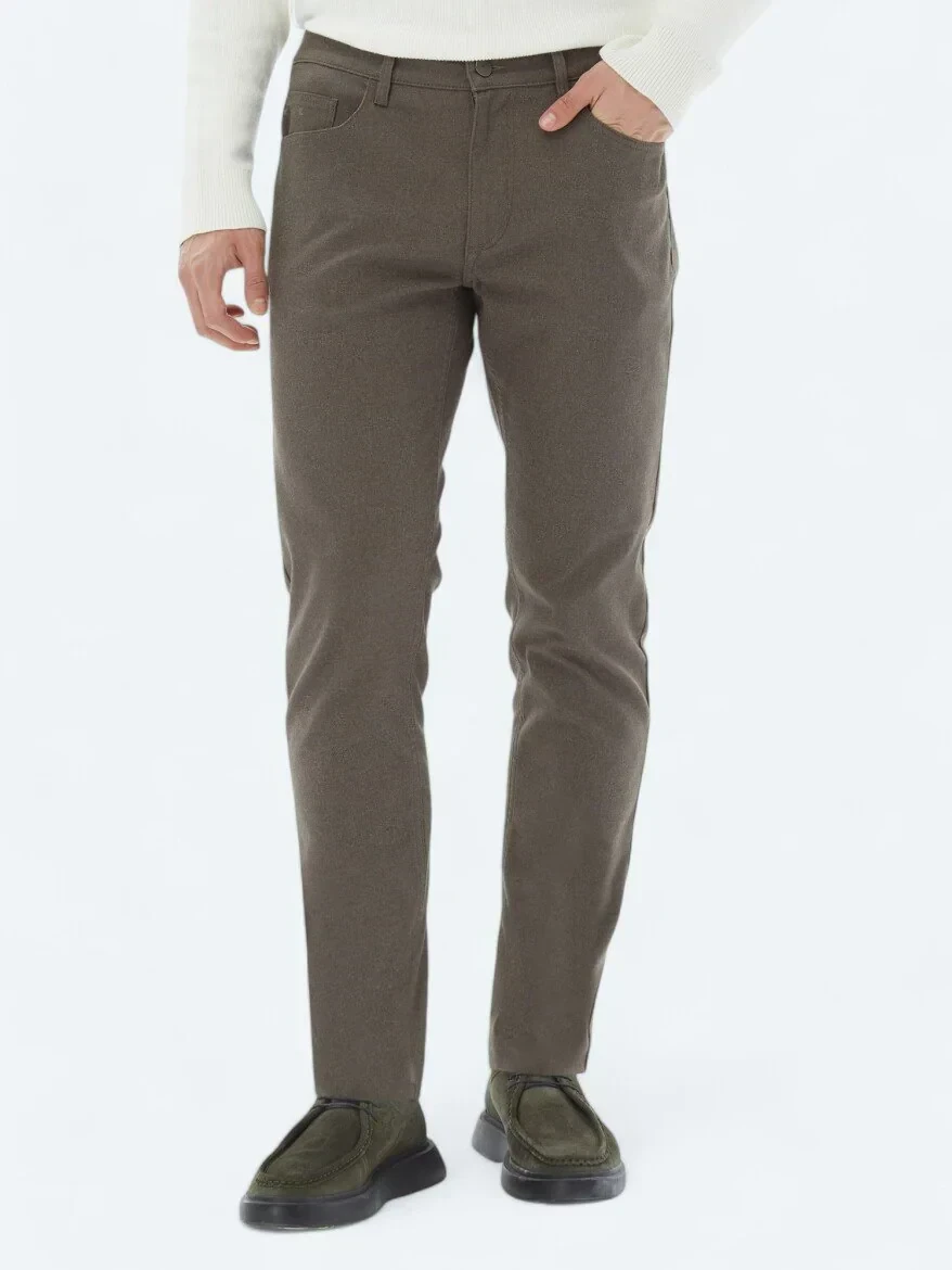 Açık Kahve Dokuma Slim Fit Casual Pamuk Karışımlı Pantolon - 2