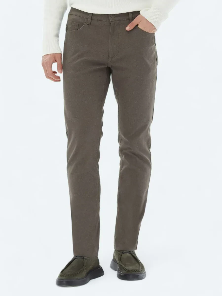 Açık Kahve Dokuma Slim Fit Casual Pamuk Karışımlı Pantolon - 2