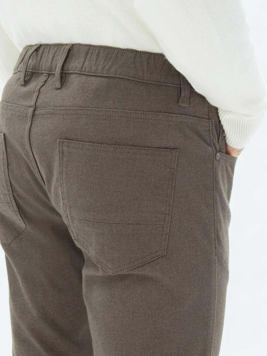 Açık Kahve Dokuma Slim Fit Casual Pamuk Karışımlı Pantolon 
