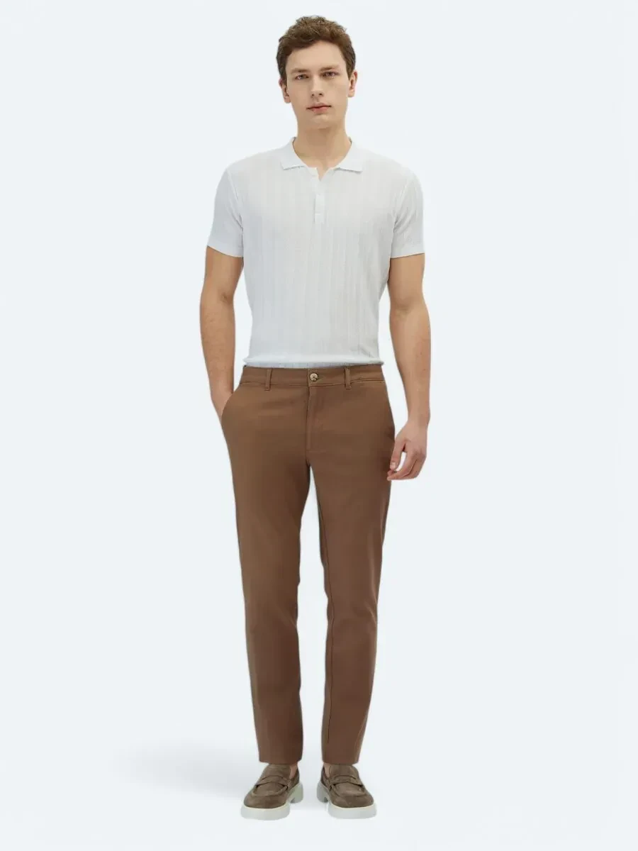 Açık Kahve Düz Dokuma Regular Fit Casual Pamuk Karışımlı Pantolon - 1