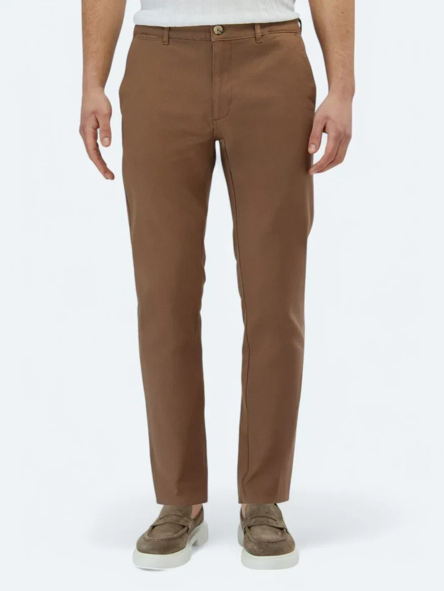 Açık Kahve Düz Dokuma Regular Fit Casual Pamuk Karışımlı Pantolon - 2