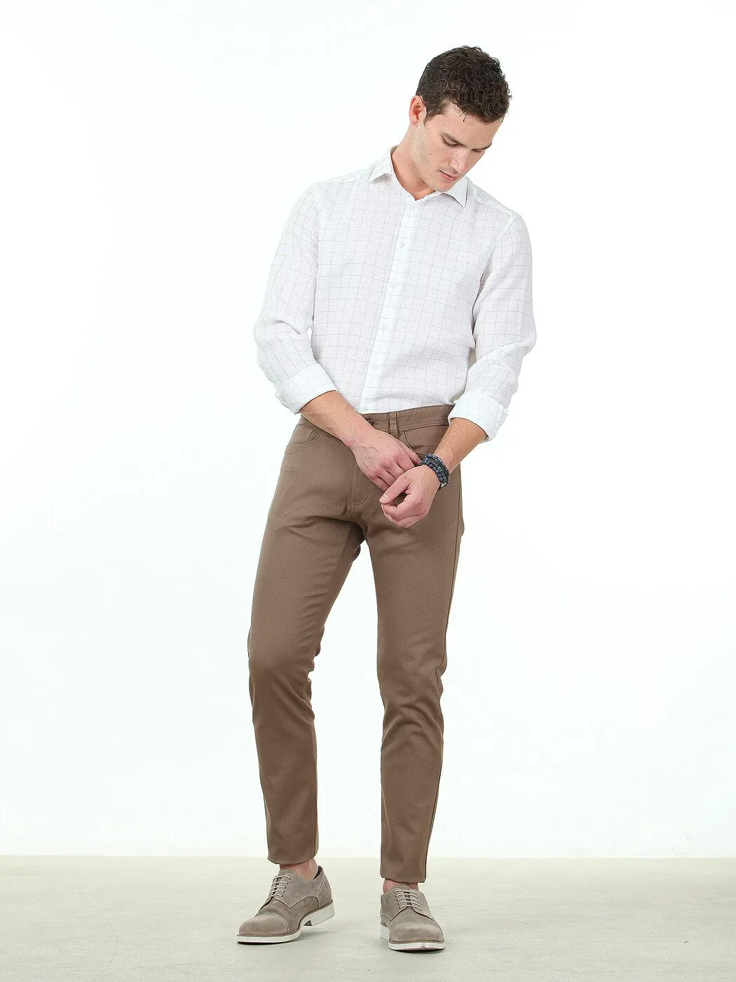 Açık Kahve Düz Dokuma Slim Fit Casual Pamuk Karışımlı Pantolon - KİP