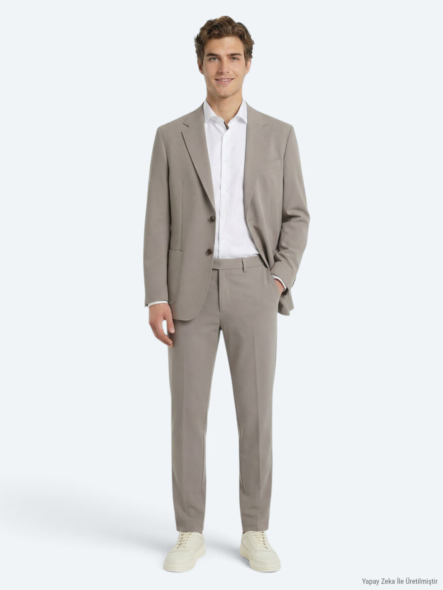Açık Kahve Düz Modern Fit Takım Elbise - 3