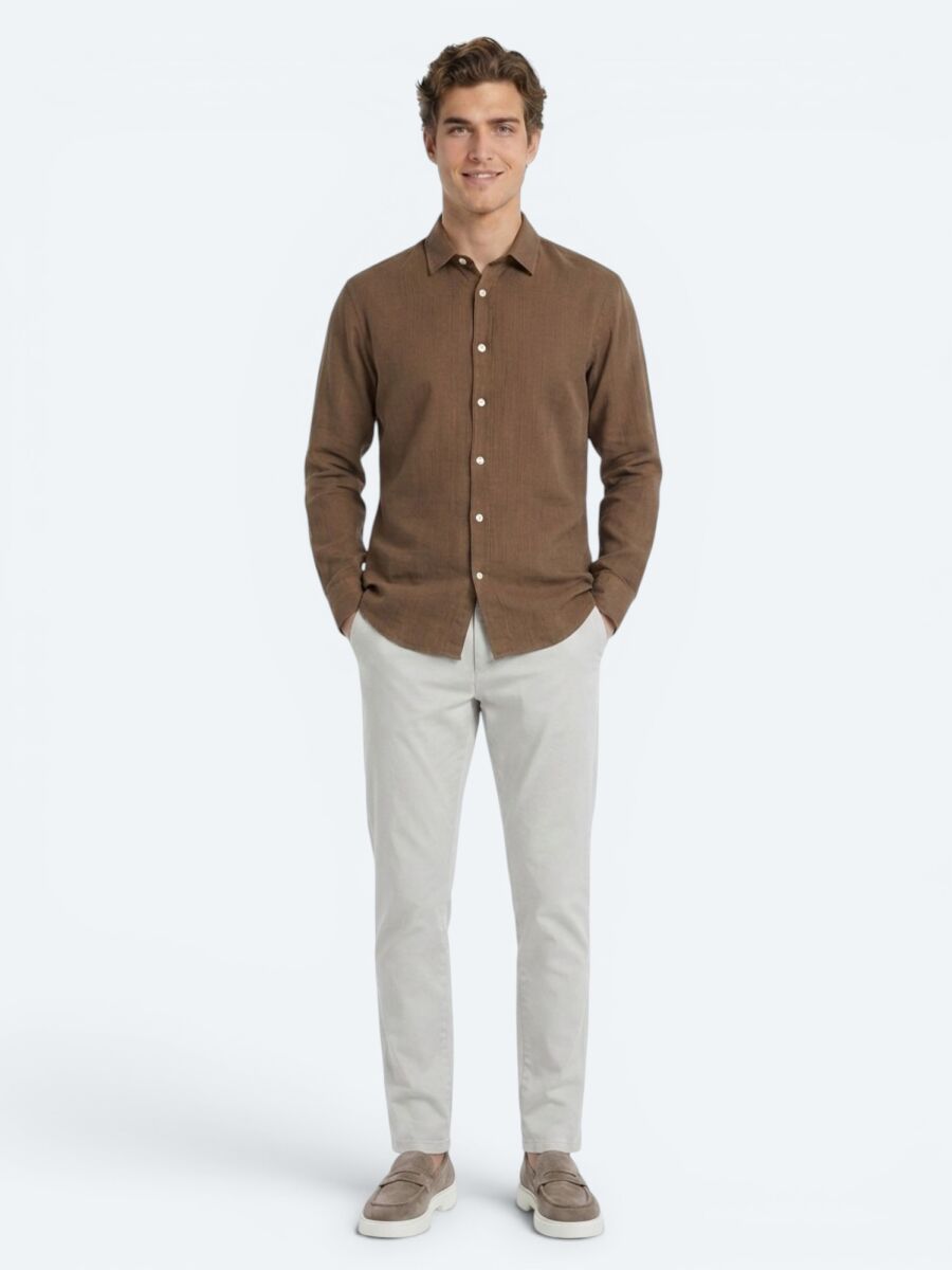 Açık Kahve Düz Regular Fit Uzun Dokuma Casual %100 Pamuk Gömlek - 2