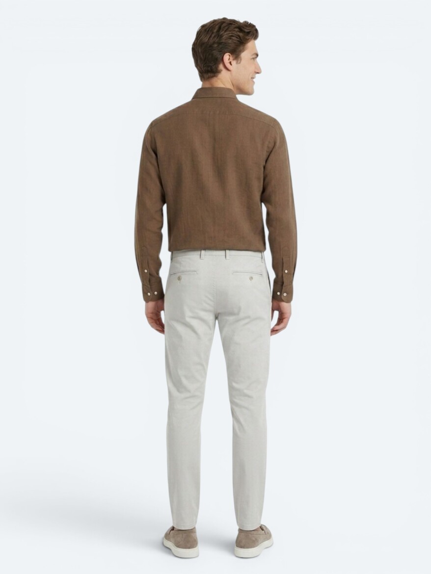 Açık Kahve Düz Regular Fit Uzun Dokuma Casual %100 Pamuk Gömlek - 4