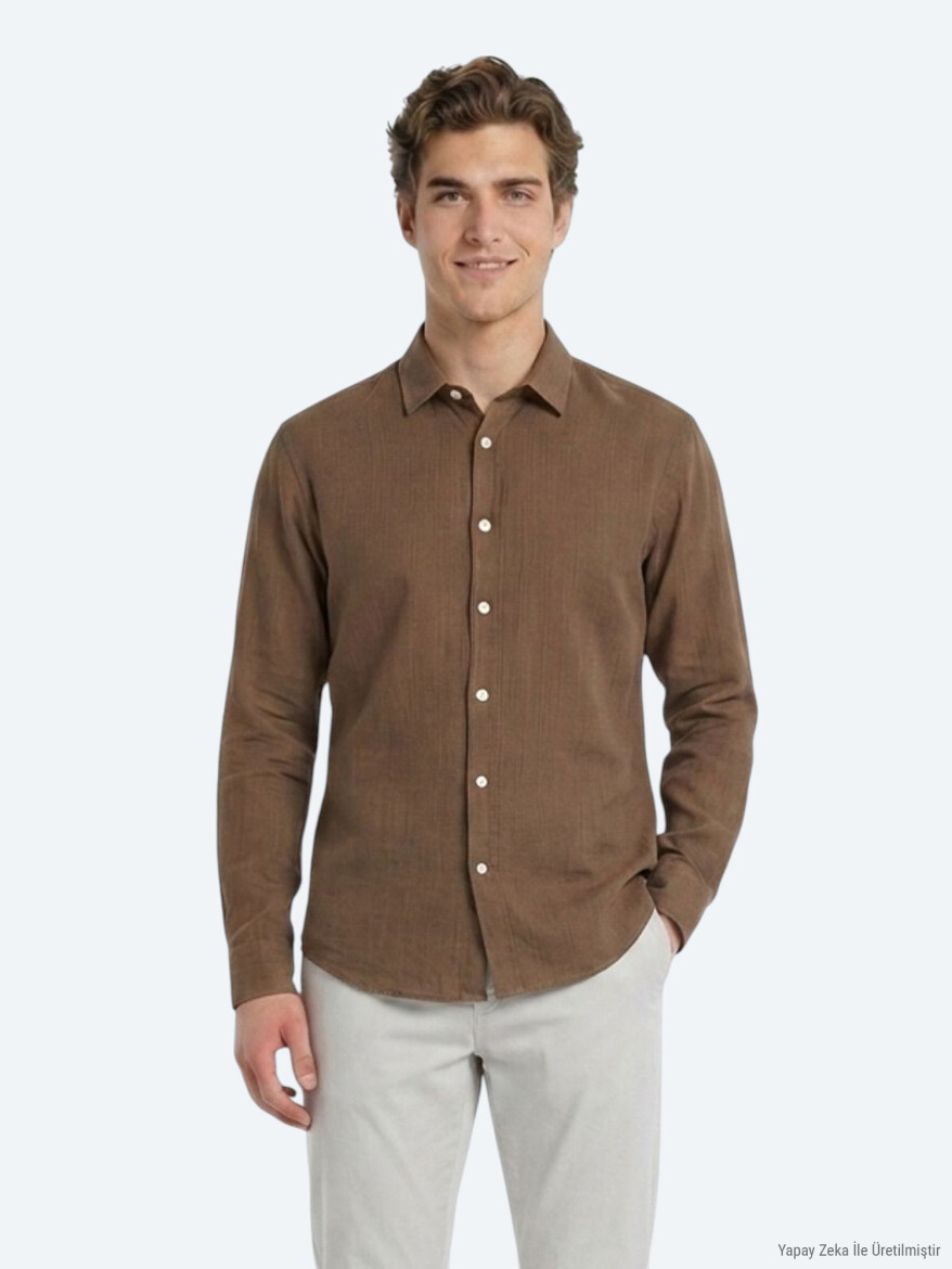Açık Kahve Düz Regular Fit Uzun Dokuma Casual %100 Pamuk Gömlek - 3