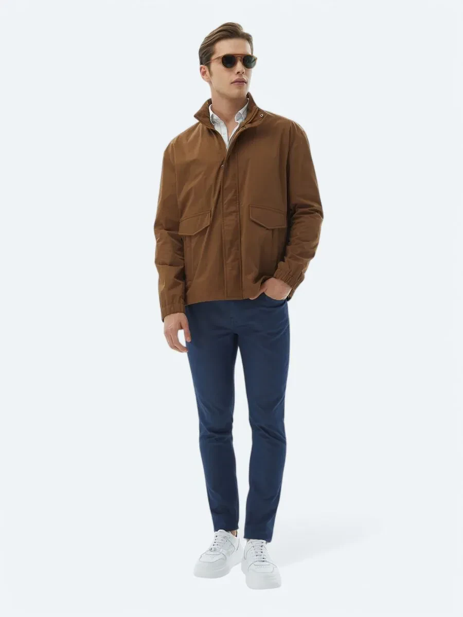Açık Kahve Oversize Fit Dik Yaka Casual Dokuma Mont - 2