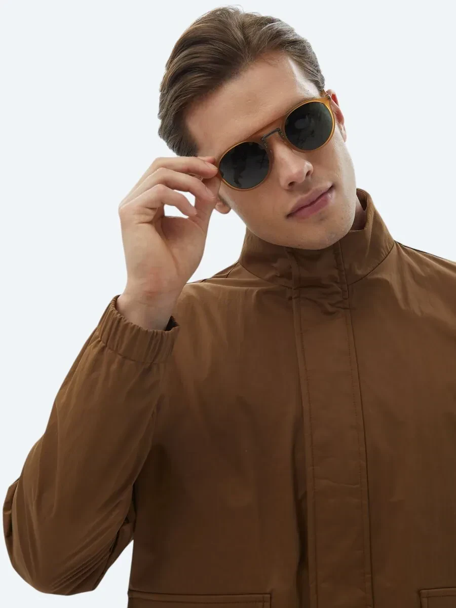 Açık Kahve Oversize Fit Dik Yaka Casual Dokuma Mont - 3