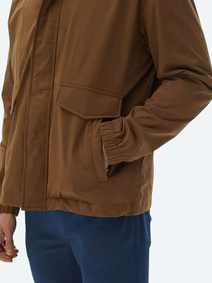 Açık Kahve Oversize Fit Dik Yaka Casual Dokuma Mont - 5