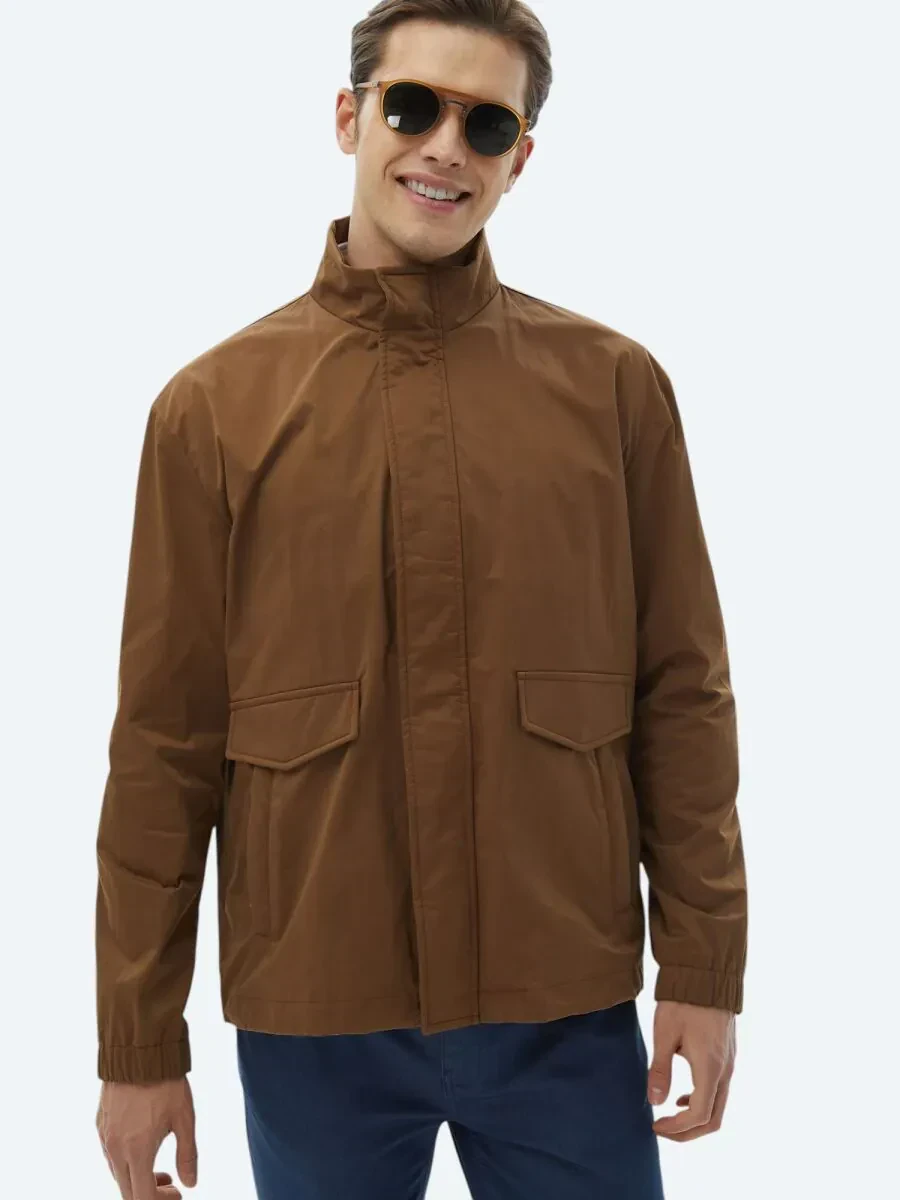 Açık Kahve Oversize Fit Dik Yaka Casual Dokuma Mont - 6