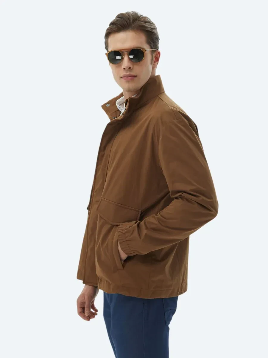 Açık Kahve Oversize Fit Dik Yaka Casual Dokuma Mont - 7