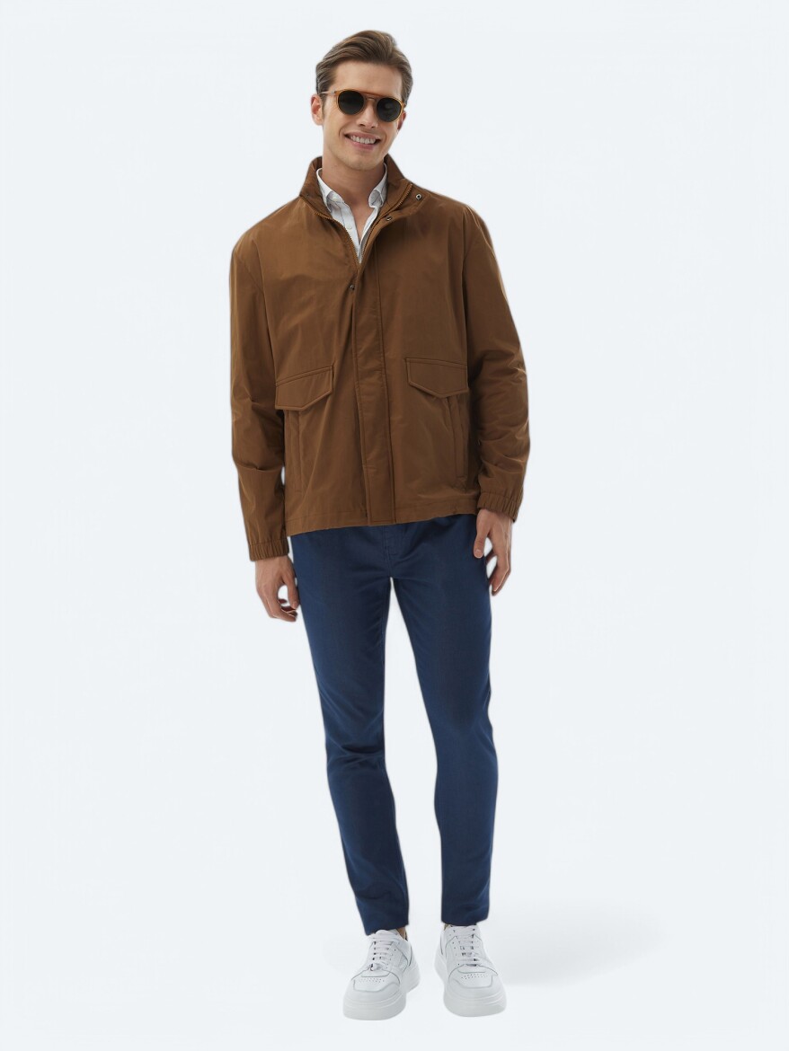 Açık Kahve Oversize Fit Dik Yaka Casual Dokuma Mont - 4
