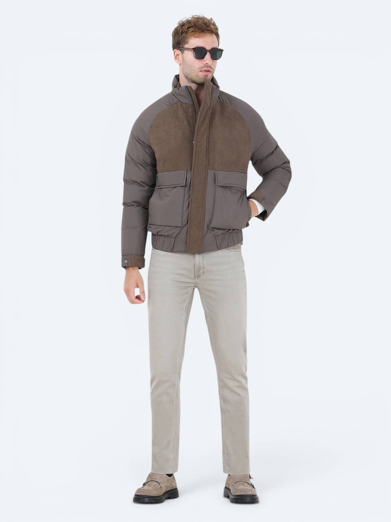 Açık Kahve Regular Fit Dik Yaka Casual Dokuma Mont