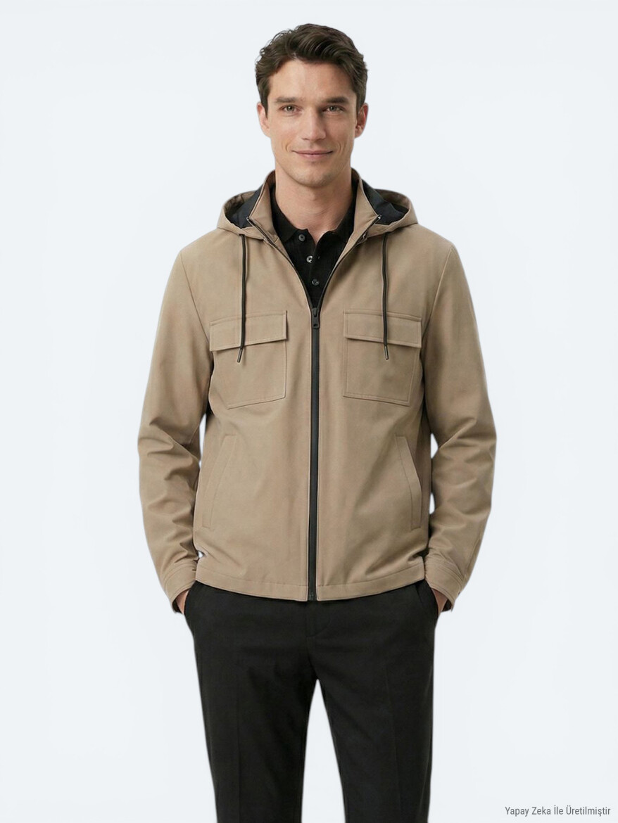 Açık Kahve Regular Fit Kapüşonlu Casual Dokuma Mont - KİP