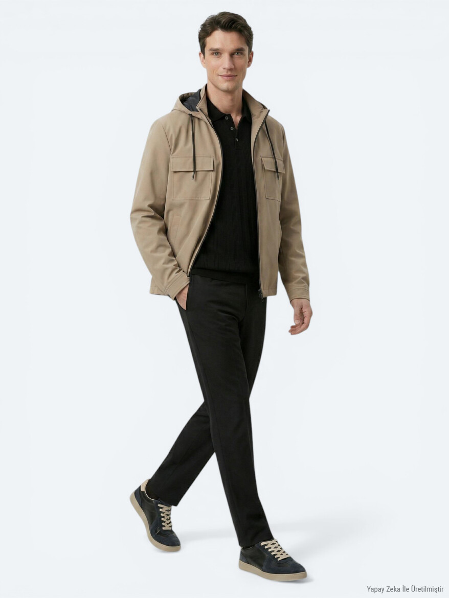 Açık Kahve Regular Fit Kapüşonlu Casual Dokuma Mont - KİP
