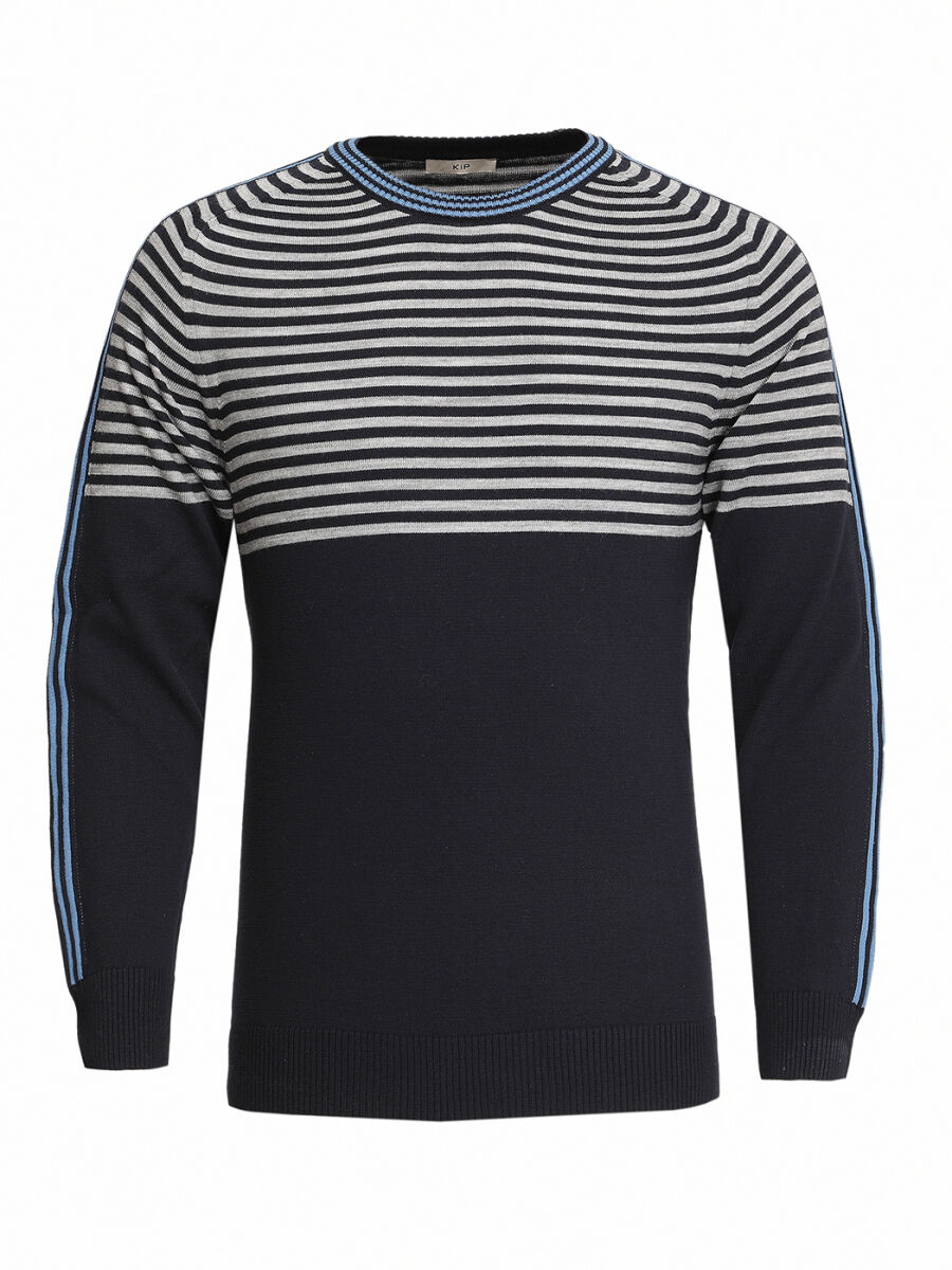 Açık Lacivert Bisiklet Yaka Çizgili Pamuk Karışımlı Triko Kazak - 6