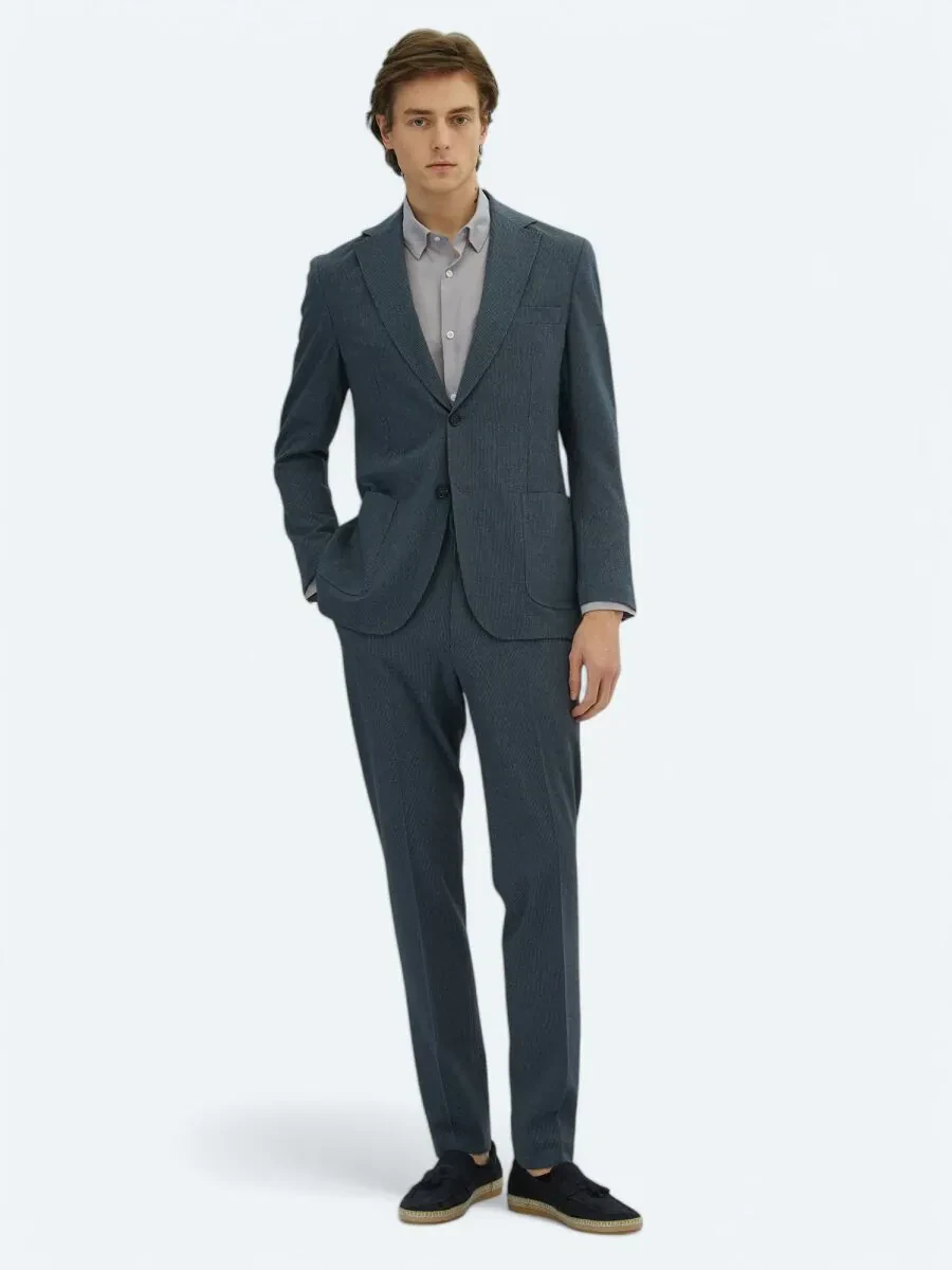 Açık Lacivert Çizgili Modern Fit Örme Takım Elbise - 1