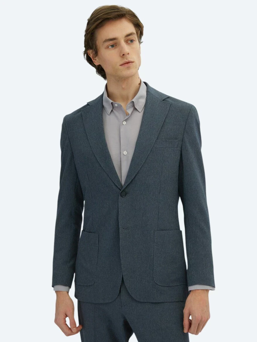 Açık Lacivert Çizgili Modern Fit Örme Takım Elbise - 3
