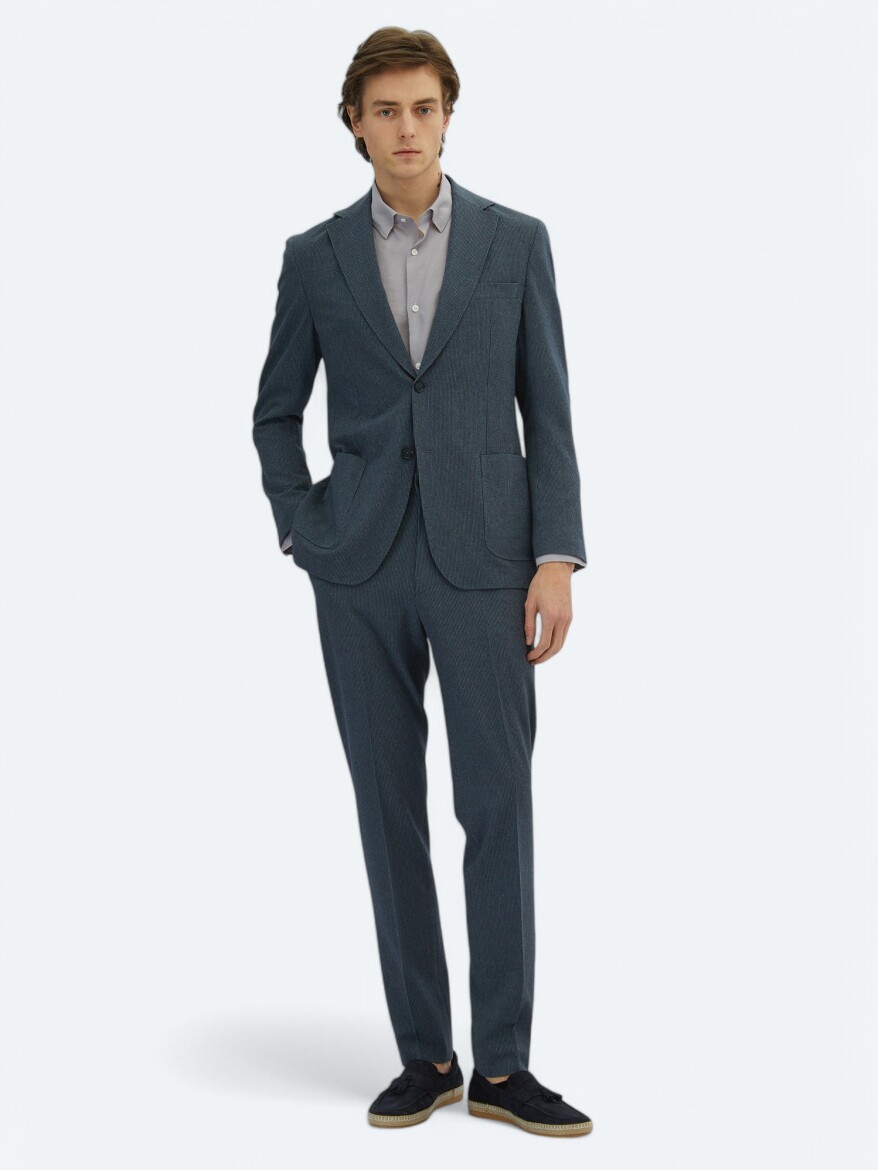 Açık Lacivert Çizgili Modern Fit Örme Takım Elbise - KİP