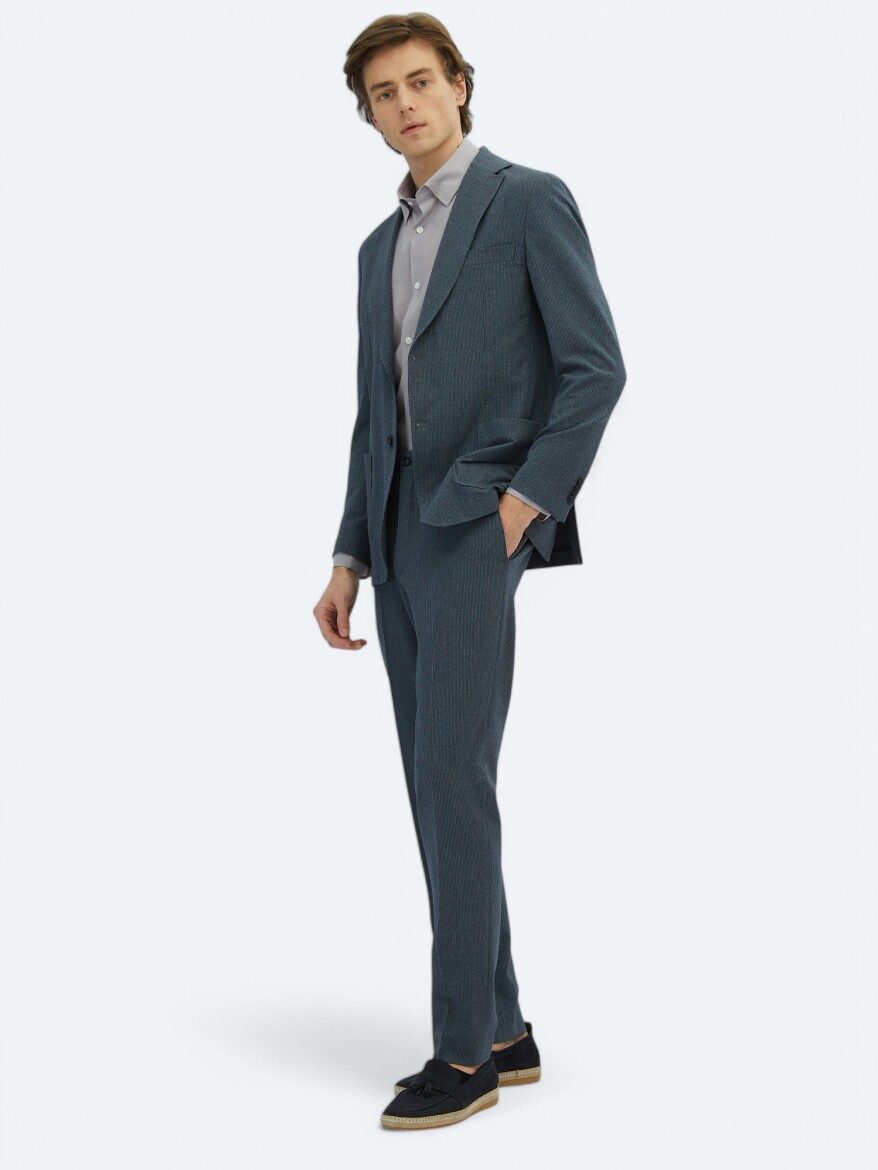 Açık Lacivert Çizgili Modern Fit Örme Takım Elbise - KİP