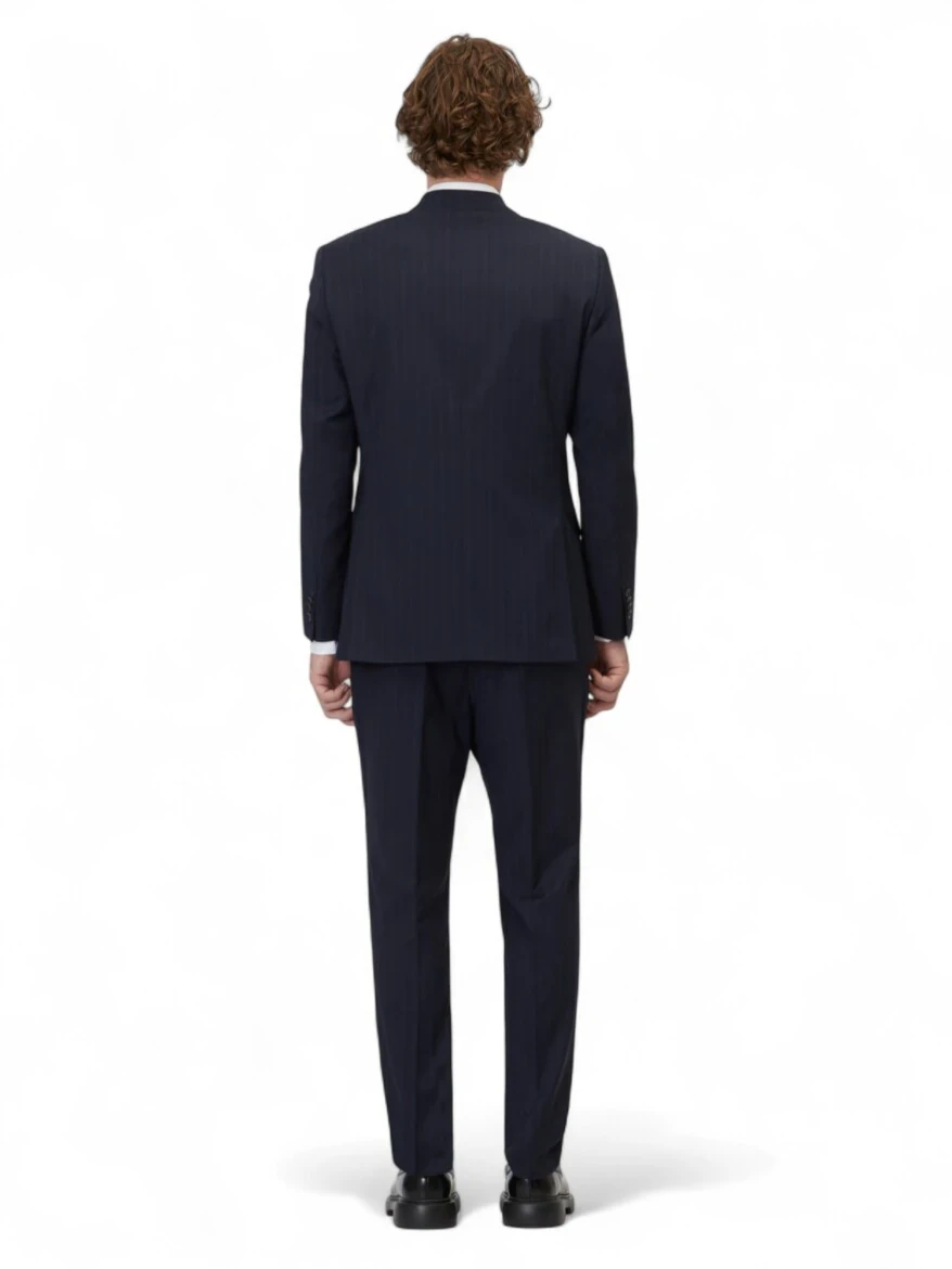 Açık Lacivert Çizgili Modern Fit Yün Karışımlı Takım Elbise - 5